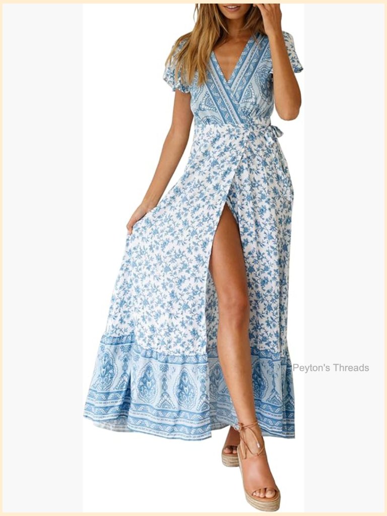 Wrap Tie Front Floral Midi Dress With Slit - Short Sleeve V-Neck Bohemian Beach